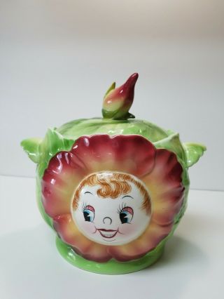 Vintage Rare Py Japan Red Cabbage Rose Anthropomorphic Cookie Jar.