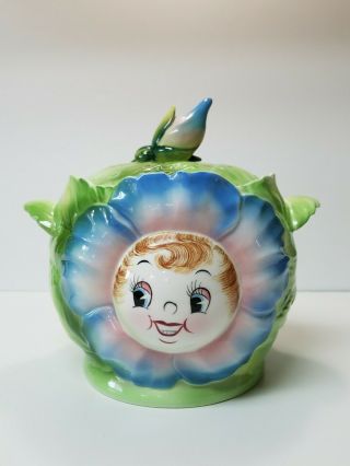 Vintage Rare Py Japan Blue Cabbage Rose Anthropomorphic Cookie Jar.