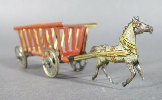 Antique German Lithographed Tin Horse Drawn Hay Wagon Penny Toy 4 3/4 " Long Yqz