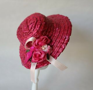 Vintage 1950s Vogue Ginny Doll Or Muffie Fuchsia Pink Straw Hat With Flowers