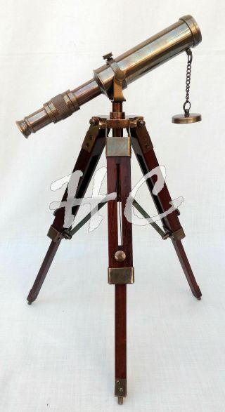 Antique Brass Telescope Wooden Tripod Stand Collectible Desk Decor Handmade Gift