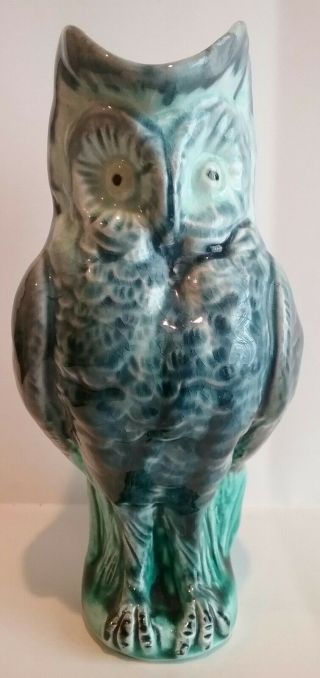 Antique Majolica Owl Figural Pitcher With Flower Form For Handle.