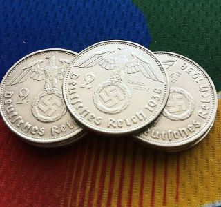 1938 E 2 Mark German Wwii Silver Coin (1) Third Reich Swastika Reichsmark Rare