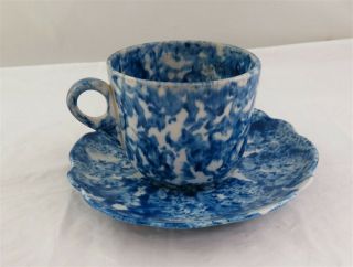 Ott & Burner 19th Century Blue Spongeware Gold Gilt Worn Cup W/handle & Saucer