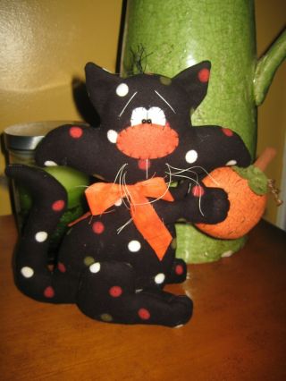 Primitive Hc Halloween Kitty Cat With Pumpkin Ornie Doll Shelf Sitter