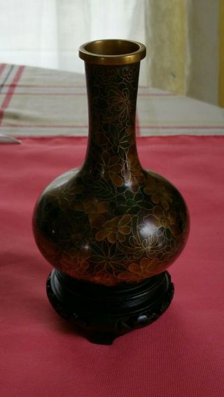 Antique Chinese Cloisonne Vase With Wooden Base Handmade Rare