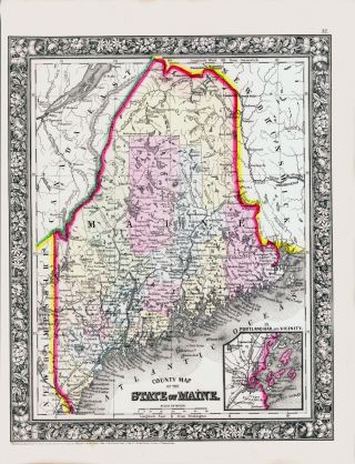 1860 Mitchell Hand Colored Map Maine - Pine Tree State - Pre Civil War - Outstanding