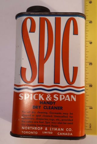 Rare Canadian (toronto) " Spic & Span Handy Dry Cleaner " 8 Oz Tin W/ Cap - Empty