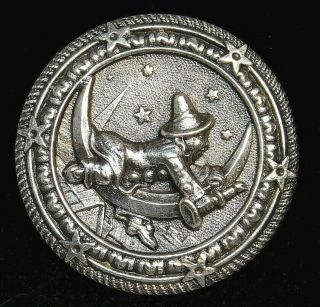 Antique Vtg Button Rare Man In The Moon In Silvered Brass G1
