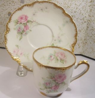 Pretty Antique Haviland Limoges Porcelain Demitasse Cup & Saucer Roses