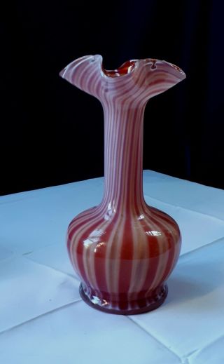 Antique (murano) Art Glass Vase.  Cranberry/ White Vertical Casing.  Unsigned,  A/f