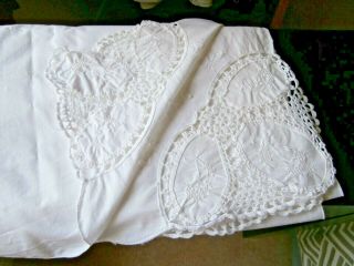 Vintage White Cotton Large Tablecloth Embroidery & Lace Panels 66 X 52 "