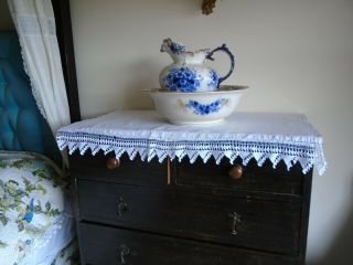 Antique Irish Linen Drawer / Shelf Runner - Hand Crochet Cotton Lace Trim