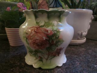Antique 1897 Hand Painted Green & Pink Victorian Roses Vanity Jar Signed Bottom