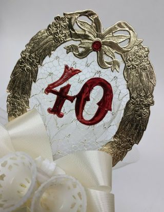 Vintage 40th Anniversary Cake Topper Bells Ribbon Bow Flowers Heart Design Foil 3