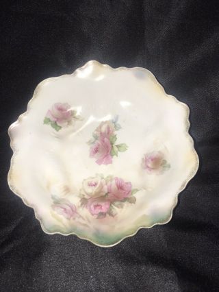 Antique Rs Prussia Red Mark Pink Roses Recessed Serving Bowl Scalloped Rim