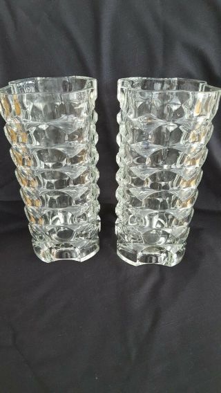Vintage Pair French Heavy Crystal Clear Glass Tall 10 " Vases Geometric Design