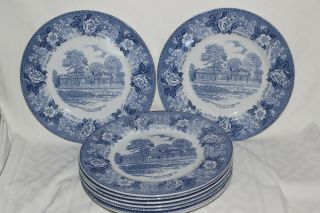 9 Old English Staffordshire Blue 10 " Plates Longfellows Wayside Inn S.  Sudbury Ma