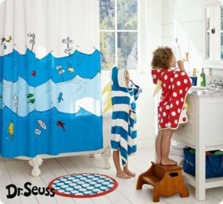 Rare Pottery Barn Kids Dr.  Seuss Shower Curtain One Fish Two Fish Blue Stains