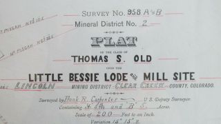 1880 Clear Creek County Colorado Little Bessie Lode & Mill Site Survey Plat Map -