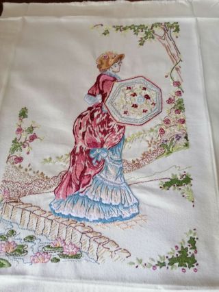 Vintage Hand Embroidered Crinoline Lady In Garden With Lily Pond Picture Panel