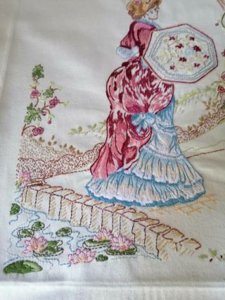 Vintage Hand Embroidered Crinoline Lady in Garden with Lily Pond Picture Panel 2