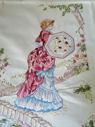 Vintage Hand Embroidered Crinoline Lady in Garden with Lily Pond Picture Panel 3