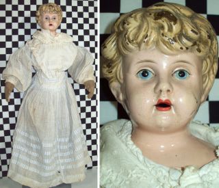 26 " Antique German Tin Head Minerva Doll - 6.  5 " Tall Head Cloth Body
