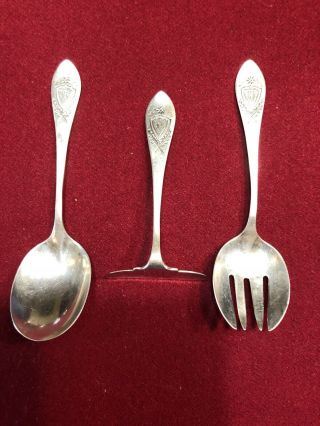 Baby Feeding Set Sterling Silver Baby Spoon,  Fork And Food Pusher Monogram Km