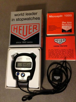 Rare Vintage Heuer Bmw Branded Digital Microsplit Stopwatch Ref1000 W/box Papers