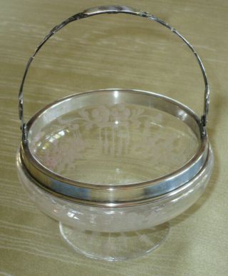 Antique Hawkes Cut Etched Glass Basket Bowl W.  Hawkes Sterling Handle & Rim