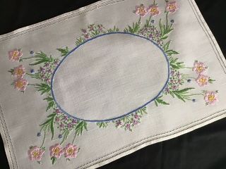 Gorgeous Vintage Linen Hand Embroidered Tray Cloth Floral Display