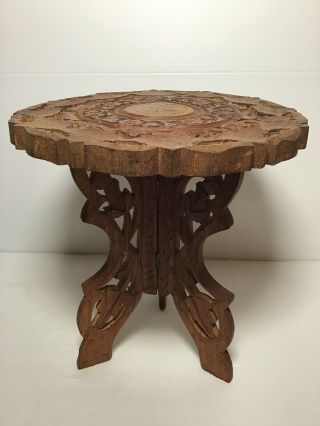 Small Vintage Indian Carved Wooden Table Plant Stand Folding Legs Height 31.  5cm