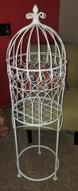 Charming Vintage Tall Antique White Metal Bird Cage Plant Stand 2 Piece Set