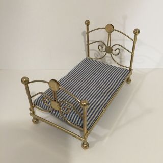 Vintage Dollhouse Miniatures 1:12 Shackman Brass Bed With Striped Mattress