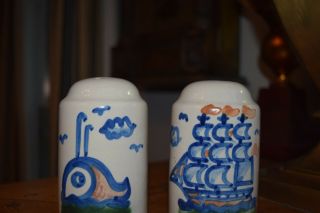 Rare Vintage 4.  5 " M.  A.  Hadley Fish Pepper Sailboat Salt Shakers Need Stoppers