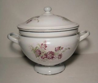 Rare Large Antique French Victorian Enamelware Soup Tureen Floral Motif