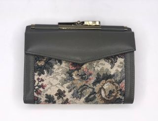 Rare Vintage French Luggage Co " Gray Rose " Leather & Tapestry Wallet Euc