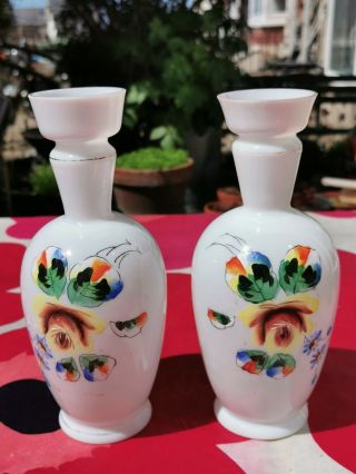 2 X (pair) Of Antique White Opaline Glass Vases With Floral Decoration