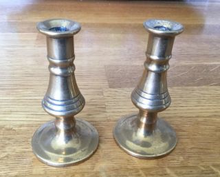 Antique Small Brass Candlesticks Attractive,  Victorian ; 7.  5cm,  3” High
