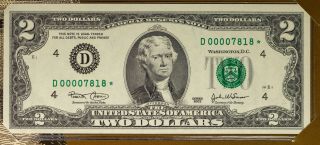 2003 Usa Rare $2 Bill Star Note Cleveland Very Low Serial Number 00007818 (dr)