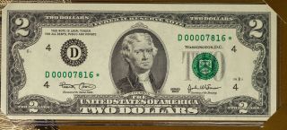 2003 Usa Rare $2 Bill Star Note Cleveland Very Low Serial Number 00007816 (dr)
