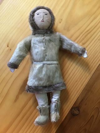 Old Antique Native Inuit Eskimo Indian Seal Fur And Cloth Doll 10 1/2 Inches