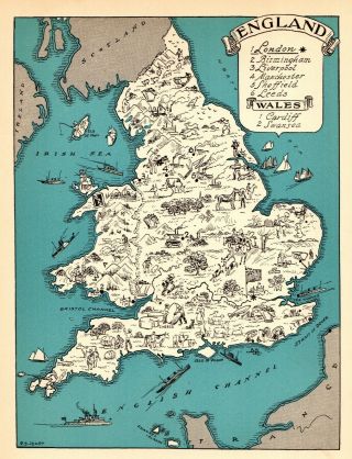 1932 Antique Animated England Map Rare Cartoon Picture Map Of England Blu 7258