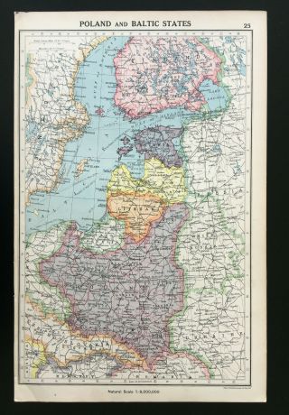Antique Map Of Poland & Baltic States 1935