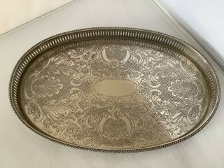 Medium Oval Silver Plated Tray With Engraved Pattern,  14 Ins X 9 Ins