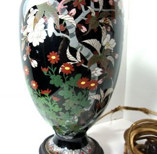 Antique VTG 1920 ' s Black Cloisonne Table Lamp Wood Base Birds & Flowering Plants 3