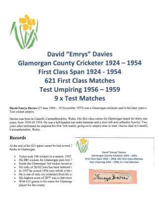 David " Emrys " Davies Glamorgan County Cricketer 1924 - 54 Rare Autograph