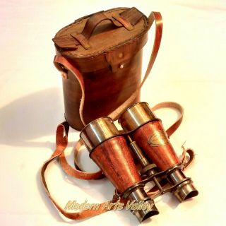 Antique Style Brass Binocular Leather Grip With Bag Collectible Gift