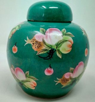 Vintage Chinese Porcelain Green Ginger Jar Famille Verte Floral Designs Lidded
